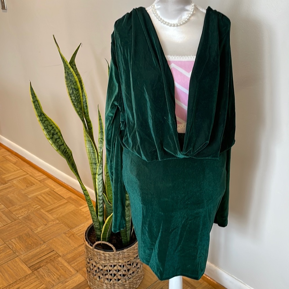 Zara Size Medium dark green velvet mini dress draped v neck